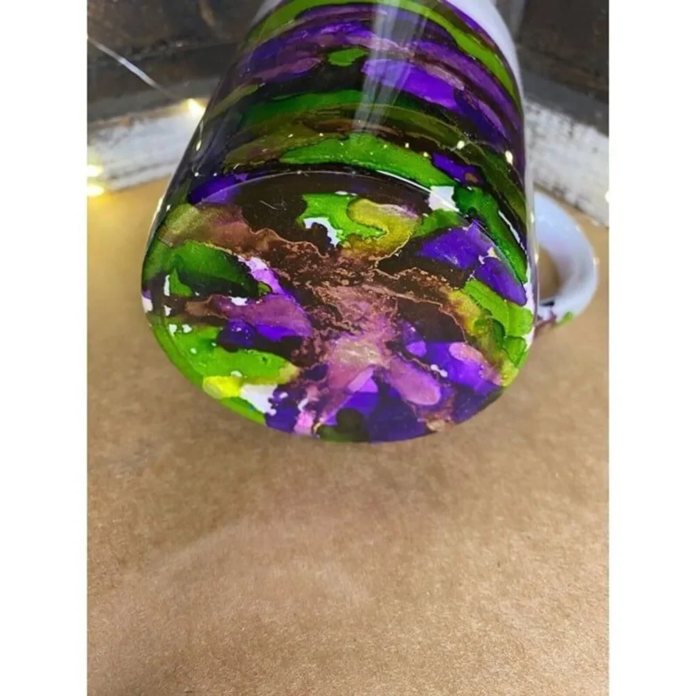 Coffee Tea Cup Mug Handmade Purple Green Gold Abstract Painted 4.5 X 3.5 in